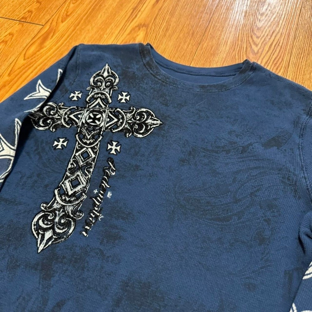 Raw State Men's Shirt Y2K Skater Gothic Long Sleeve Blue Baggy Size Small - Picture 3 of 8